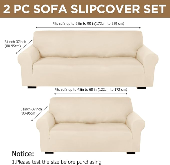 Peryiter 2 Pcs Couch and Loveseat Sofa Covers,Cream,Milk Silk | Armchair Covers for Living Room, Sofa Cushion Slipcover 2/3 Seater, Furniture Protector, Polyester and Spandex, Washable