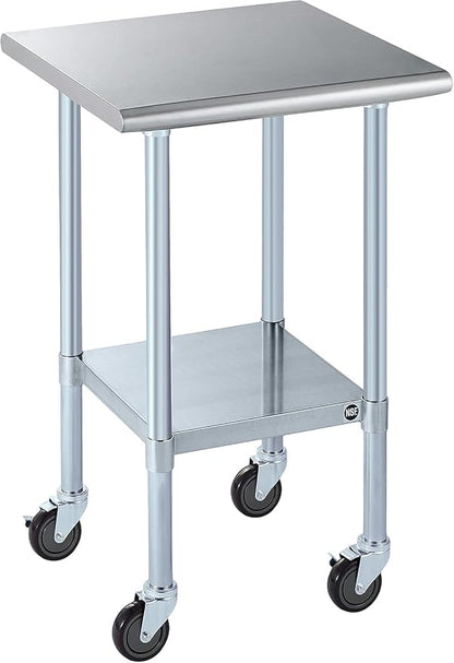 ROCKPOINT Stainless Steel Table for Prep & Work with Caster Wheels 24x24 Inches, NSF Metal Commercial Kitchen Heavy Duty Table with Adjustable Under Shelf and Table Foot for Restaurant, Home and Hotel