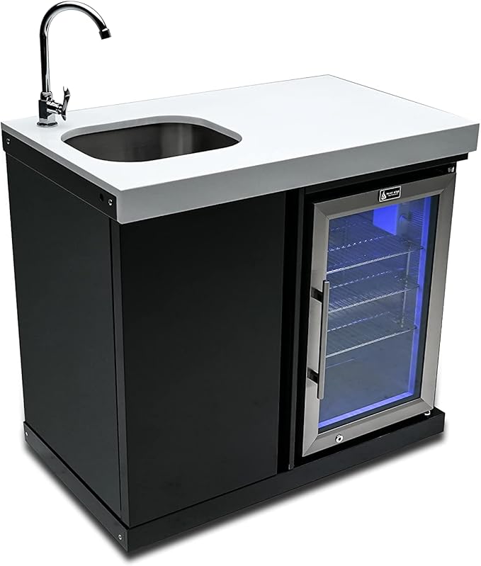 Mont Alpi Premium 38"W x 23"D x 46"H Black Stainless Steel Outdoor Beverage Center Module with 2.7 Cu. Ft. Glass Door Refrigerator + Faucet & Sink Combo + Storage Cabinet + White Granite Countertops