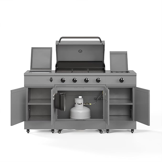 Tytus Fresno 66" 5-Burner Propane or Nat Gas Island Grill, 60K Total BTUs | Pre-assembled for fast install, 864 sq inch cooking area with Side Burner, Storage, Ice Bucket, On Wheels - Gunmetal Island