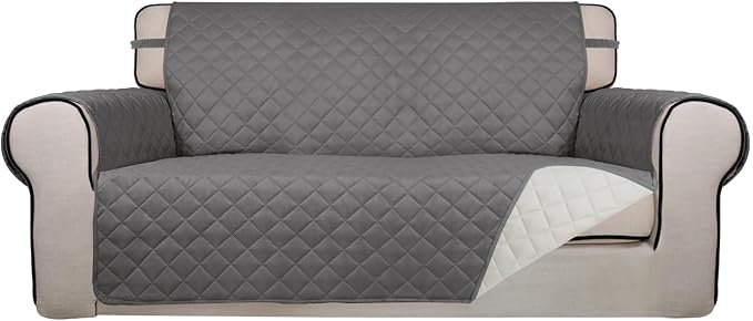 PureFit Reversible Quilted Couch Covers for Dogs Loveseat Sofa Cover 54" | Gray/Ivory, Water Resistant Couch Protector, Washable Pet Couch Cover with Non Slip and Elastic Straps For Kids