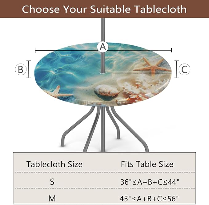 AUUXVA Round Outdoor Tablecloth with Umbrella Hole - Waterproof Patio Table Cover with Zipper Elastic Table Cloth Fits 45"-56" Tables for Party Cafe Garden Decor(Ocean Shells Starfish)