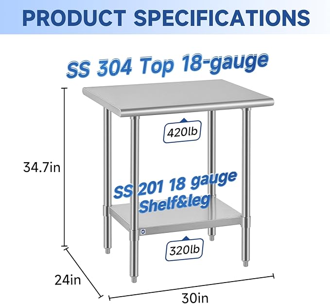 ROCKPOINT SS304 Top All Stainless Steel Table for Prep & Work 24x30 Inches, NSF Commercial Kitchen Heavy Duty Table with Adjustable Undershelf for Restaurant,Kitchen, Home and Hotel
