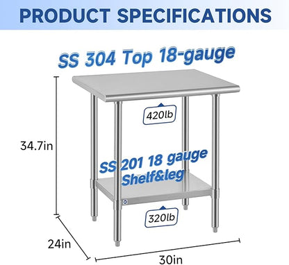 ROCKPOINT SS304 Top All Stainless Steel Table for Prep & Work 24x30 Inches, NSF Commercial Kitchen Heavy Duty Table with Adjustable Undershelf for Restaurant,Kitchen, Home and Hotel