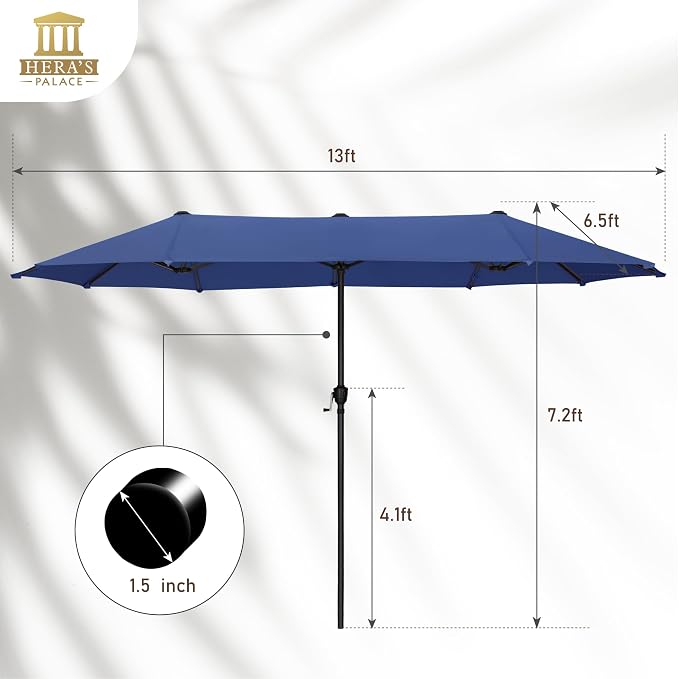 HERA'S PALACE 13 ft Large Patio Umbrella, Double-Sided Twin, Outdoor Market Umbrella with Crank Handle, Powerful UV Protective, Haze Blue