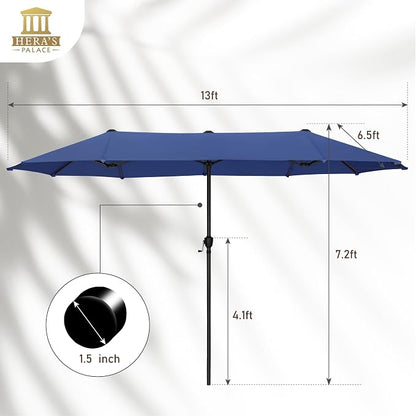 HERA'S PALACE 13 ft Large Patio Umbrella, Double-Sided Twin, Outdoor Market Umbrella with Crank Handle, Powerful UV Protective, Haze Blue