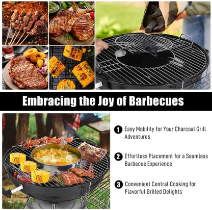 28-Inch Round Portable Barbecue Kettle Charcoal Grill with Wheels Storage, Porcelain-Enameled Lid and Ash Catcher & Thermometer, 28-Inch Portable Grill)
