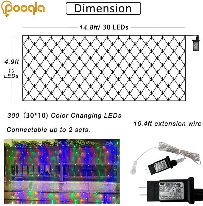 Pooqla Colorful Net Lights, 15x 5ft Christmas Lights Outdoor Clear Wire | 300 LED Large Net Mesh Lights Plug in, 8 Modes Waterproof Connectable Multicolor Bushes Lights for Christmas Hedge Yard Decor