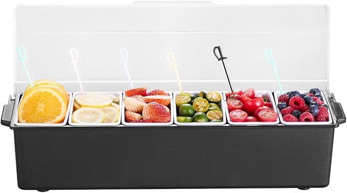 VEVOR Chilled Condiment Server, 6 Compartment Ice Cooled Condiment Serving Container, Chilled Garnish Tray Bar Caddy with Lid, for Bartending & Serving Taco, Salad, Fruit, Home & Restaurant Supplies | for BBQs, Picnics, Camping and Family Gatherings, c...