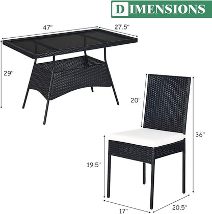 Tangkula 5 Piece Wicker Patio Dining Set, Outdoor Rattan Table & Chairs Set with Tempered Glass Top & Padded Cushions, Patio Furniture Dining Table Set for Balcony Patio Garden Poolside