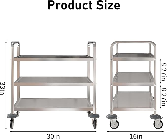uyoyous 3 Tier Stainless Steel Utility Cart, Commercial Serving Cart | 400 lbs Capacity Heavy Duty Rolling Cart with 360° Rotation Wheels for Kitchen Hotel Restaurant Home, 30" L x 16" W x 33" H