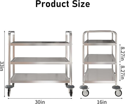 uyoyous 3 Tier Stainless Steel Utility Cart, Commercial Serving Cart | 400 lbs Capacity Heavy Duty Rolling Cart with 360° Rotation Wheels for Kitchen Hotel Restaurant Home, 30" L x 16" W x 33" H