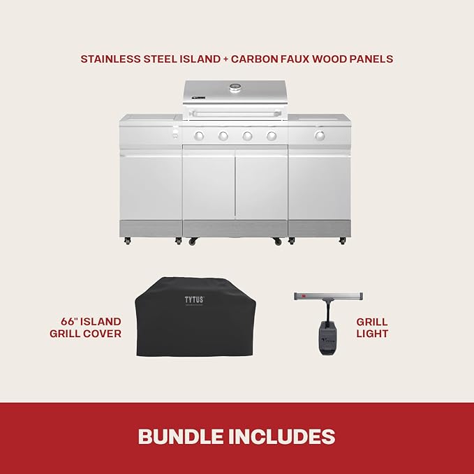 Tytus Fresno 5-Burner Propane or Natural Gas Island Grill – 864 sq. in. Cooking, 48,000 BTU Main + 12,000 BTU Side Burner, Porcelain Grates, Storage Cabinets, Semi-Portable -SS/Carbon Wood Starter Kit