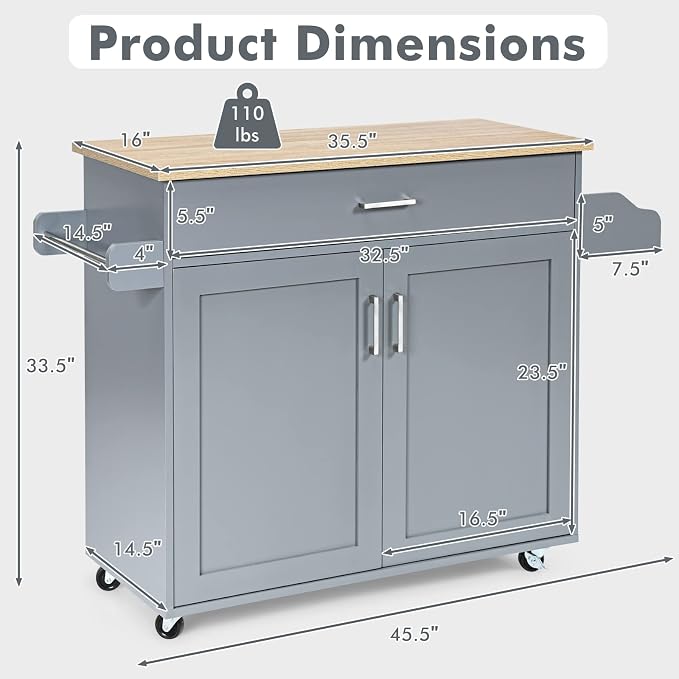 COSTWAY Kitchen Island On Wheels, Rolling Storage Trolley Cart | with Large Cabinet, Drawer, Spice Rack and Towel Rack, Kitchen Serving Utility, 3-Position Adjustable Shelf (Grey)