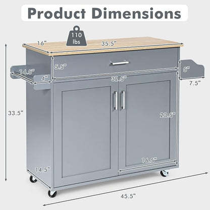 COSTWAY Kitchen Island On Wheels, Rolling Storage Trolley Cart | with Large Cabinet, Drawer, Spice Rack and Towel Rack, Kitchen Serving Utility, 3-Position Adjustable Shelf (Grey)