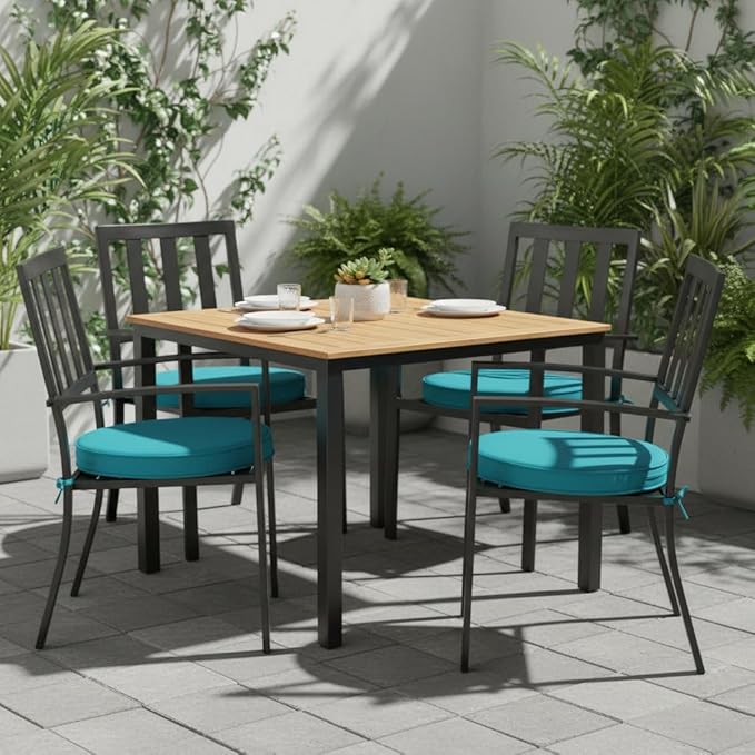 Set of 2 Outdoor 18 inch Round Patio Dining Chair Pads – Comfortable Fiber-Filled Seat Cushions with Ties, Reversible Polyester Fabric - Peacock