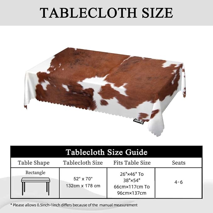 Swono Decorative Rectangle Table Cloth Cowhide, Farm Animal Brown Cowhide Print Cow Polyester Tablecloth Kitchen Table Cover for Dining BBQ Picnic Coffee Table 50x72, 4-6 Seats
