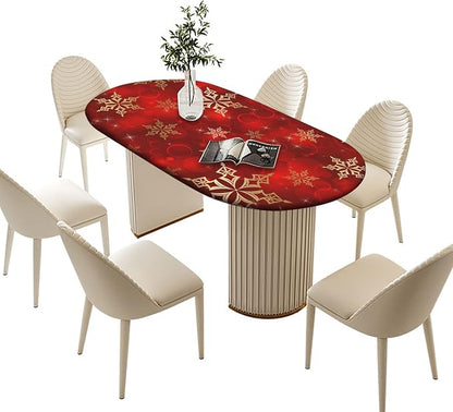 Red Christmas Oval Tablecloths, Red Golden Snowflake Christmas Print Elastic Fitted Table Cloth, Windproof Oblong Table Covers for Indoor Dinner and Outdoor Patio Decor, Fits Tables up to 60" x 84"