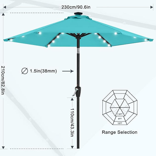 MASTERCANOPY 7.5FT 6Ribs Patio Umbrella with 32 Solar LED Lights, Outdoor Market Umbrella with Tilt & Crank, UV Protection & Fade Resistant Fabric, Easy Set-Up for Garden, Deck, Pool (Turquoise)