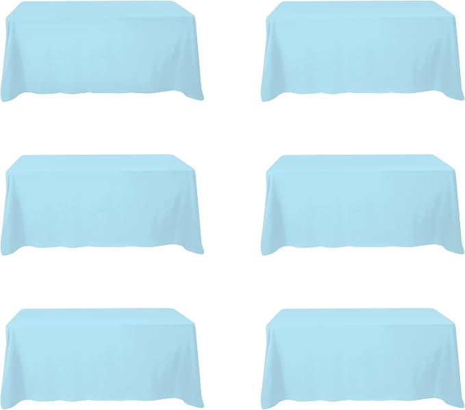 BRILLMAX 6 Pack Light Blue Tablecloths 90x132 Inch for 6ft Rectangle Tables | 150 GSM Polyester Fabric, Floor Length Drop, Water, Stain & Wrinkle Resistant Cloth Cover for Wedding Reception Banquet Party