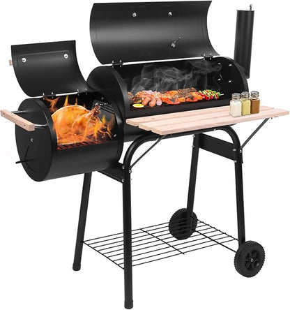 Charcoal Grill Offset Smoker with Offset Smoker, Wheels and Tray, Perfect for Backyard Cooking, Outdoor Camping