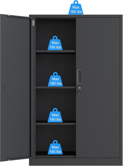 Metal Storage Cabinet with Locking Doors and 3 Adjustable Shelves, 53.5-Inch Tall Lockable Steel Storage Cabinets for Home Office Garage Pantry (Black)
