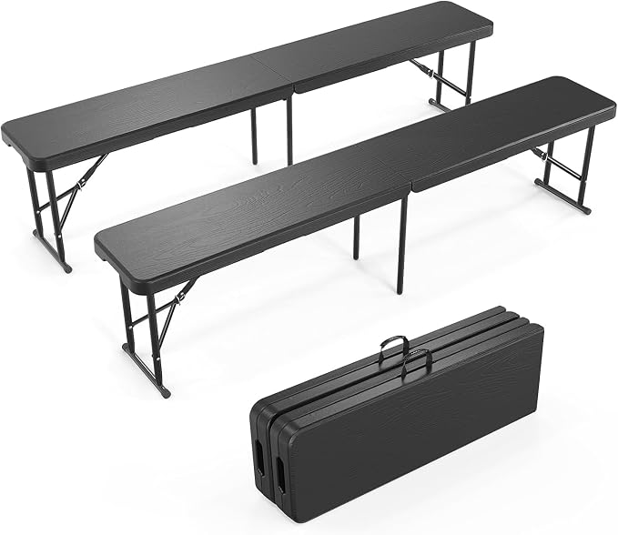 Plastic Folding Bench - Portable Bench Used for Indoor, Outdoor, Picnic, Party, Camping, Dining Seat, Garden Soccer Multipurpose Entertaining Activities (2, Black, 8 Feet)
