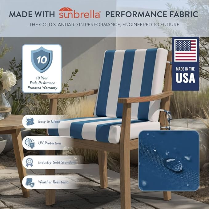 California Umbrella Outdoor Dining Chair, Set of 4 Patio Seat Cushions, 20 x 40 Inch, Premium Outdoor Memory Foam, Fade Resistant, Sunbrella Fabric, Fabric Ties, Cabana Regatta