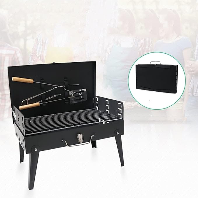 Charcoal Grills, Portable Camping Grill, Folding BBQ with Lid, 3-Level Height Adjustment, for 3 to 5 People for Outdoor Hiking Party Park Beach (Black 44 * 27 * 29cm)