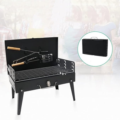Charcoal Grills, Portable Camping Grill, Folding BBQ with Lid, 3-Level Height Adjustment, for 3 to 5 People for Outdoor Hiking Party Park Beach (Black 44 * 27 * 29cm)