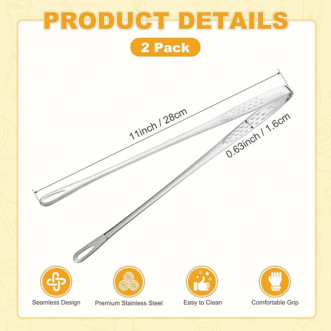 M METERXITY 2-Pack Extra Long Grill Tongs, 11 Inch Non-Slip 304 Stainless Steel Locking Tongs for Cooking/Buffet/Outdoor Barbecue, Korean BBQ Tweezers Metal Clamp Tool [Silver Tone]