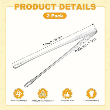 M METERXITY 2-Pack Extra Long Grill Tongs, 11 Inch Non-Slip 304 Stainless Steel Locking Tongs for Cooking/Buffet/Outdoor Barbecue, Korean BBQ Tweezers Metal Clamp Tool [Silver Tone]