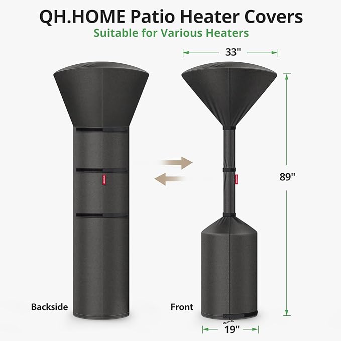 QH.HOME 2 Packs Patio Heater Covers, [2026 Upgraded Tear-Resistant Fabric] Waterproof with Robust Zipper,Dustproof/Wind/Sunlight/Snow-Resistant,(2 Pack-89"H x 33"D x 19"B ,Black)