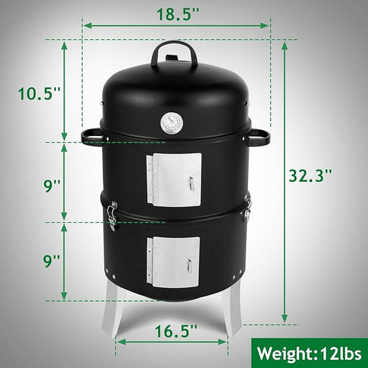 18.5" Vertical Steel Barrel Charcoal Grill,Metal Outdoor Barbecue Smoker,Portable Vertical Charcoal Smoker Grill,Heavy Duty Outdoor BBQ Grill,with Thermometer,for Garden Patio Beach Backyard (Black)