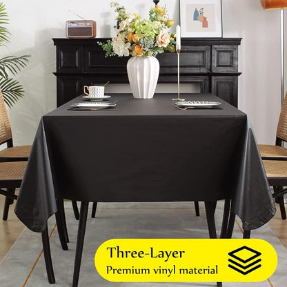SASTYBALE Black Vinyl Tablecloth with Flannel Backing, 60 x 84 Inch | Waterproof PVC Surface, Wipeable Rectangular Table Cover for Dining, Buffet, Catering, Parties and Events