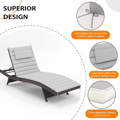 Sundale Outdoor Olefin Quilted Lounge Cushion Set of 2, Patio Foldable Chaise Lounger Cushion, Water-Resistant Lounge Chair Pad with Straps Light Gray, 80 x 26 inches