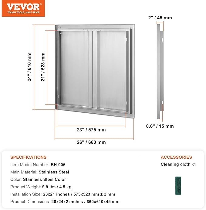 VEVOR BBQ Double Outdoor Kitchen Door, 26W x 24H Inch, Stainless Steel Flush Mount, Vertical Wall Door with Recessed Handles, for Grilling Station