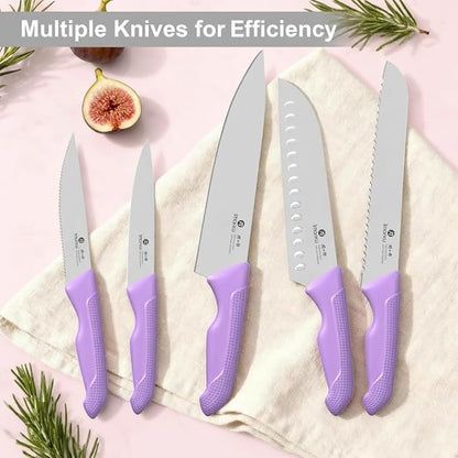 imarku 14-Piece Purple Knife Set with Block – Glides Through Meat, Fish, Veggies & Bread – Standout Color for Stylish Kitchens – Built-in Sharpener – Elegant Gift for Mom, Wife, and Yourself