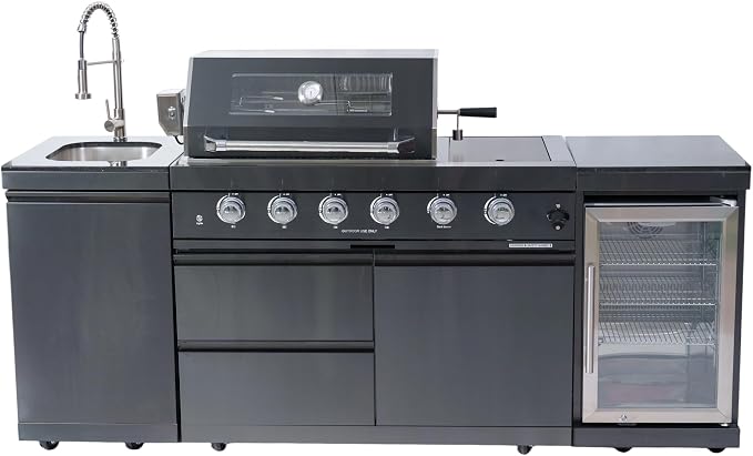 Modular Outdoor Kitchen Island,4-Burner 72000 BTU Stainless Steel Propane Gas Outdoor Kitchen Barbecue Island with Electric Rotisserie,Sink,BBQ Grill,Refrigerator and Cabinets (Black, 85 Inch)