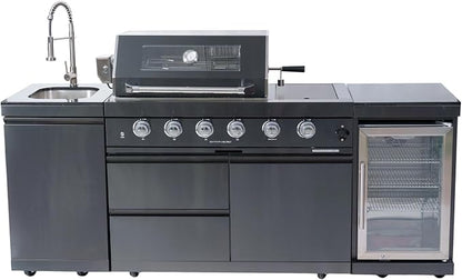 Modular Outdoor Kitchen Island,4-Burner 72000 BTU Stainless Steel Propane Gas Outdoor Kitchen Barbecue Island with Electric Rotisserie,Sink,BBQ Grill,Refrigerator and Cabinets (Black, 85 Inch)