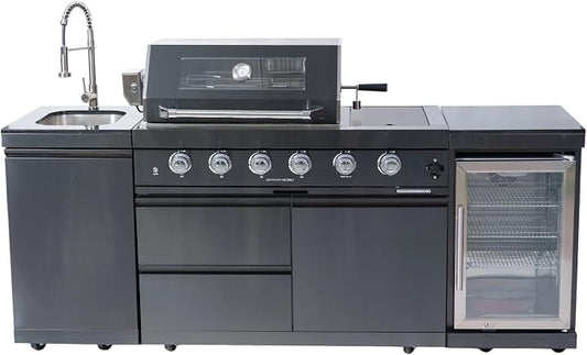Modular Outdoor Kitchen Island,4-Burner 72000 BTU Stainless Steel Propane Gas Outdoor Kitchen Barbecue Island with Electric Rotisserie,Sink,BBQ Grill,Refrigerator and Cabinets (Black, 85 Inch)