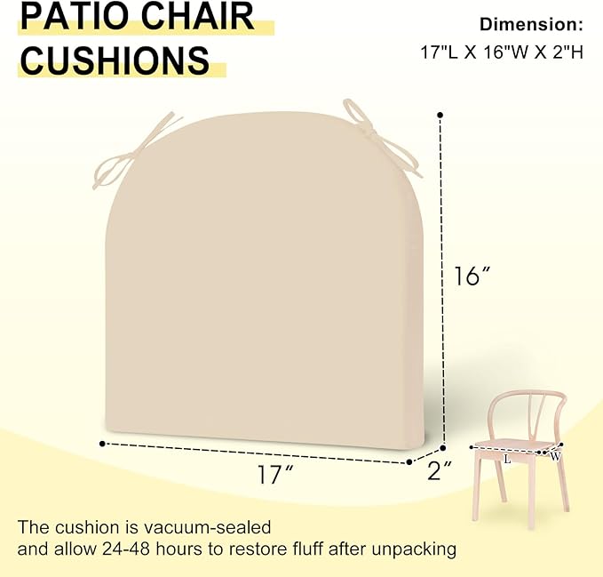 downluxe Outdoor Chair Cushions Set of 2 for Patio Furniture, Water-Resistant Patio Chair Cushions with Ties, High Density Foam Outdoor Seat Cushion, 17" X 16" X 2", Beige