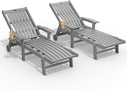 THOEOE Patio Chaise Lounge Chair Set of 2, Oversized Lounge Chair Outdoor with 5 Positions, 78″ Long, HDPE, Patio Lounge Chair with Wheels & Cup Holder for Pool, Deck, Poolside,Grey