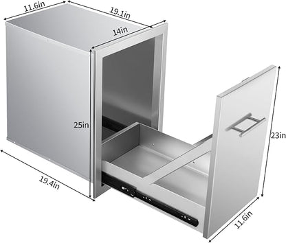Pull Out Trash Can Drawer Outdoor Kitchen Trash Cabinet Stainless Steel Flush Mount for Outdoor Kitchens & BBQ Islands 14" W x 25.7" H x 19.4" D