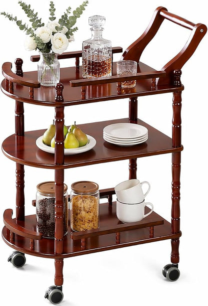 Entertainment Kitchen Cart, Midcentury Modern Imported rubberwood Brown Finished Wood 3-Tier Mobile Bar Cart Serving Cart