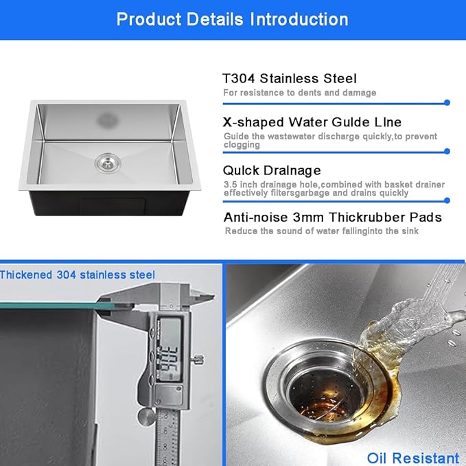 26 x 18 Inch Undermount Kitchen Bar Sink, Handmade Single Bowl 304 Stainless Steel Wet RV Sinks, Indoor and Outdoor Deep Kitchen Laundry Basin with Accessories
