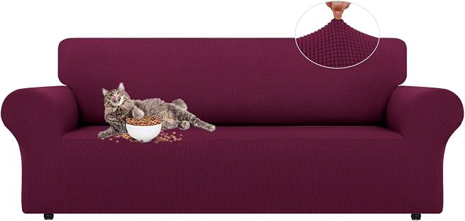 LURKA Stretch Couch Cover for Sofa, 1 Piece 3 Cushion Slipcover, Wine | Soft Stretch Jacquard, Fits 78"-94" Sofas, Elastic Bottom for Secure Fit, Machine Washable, Pet & Kid Friendly