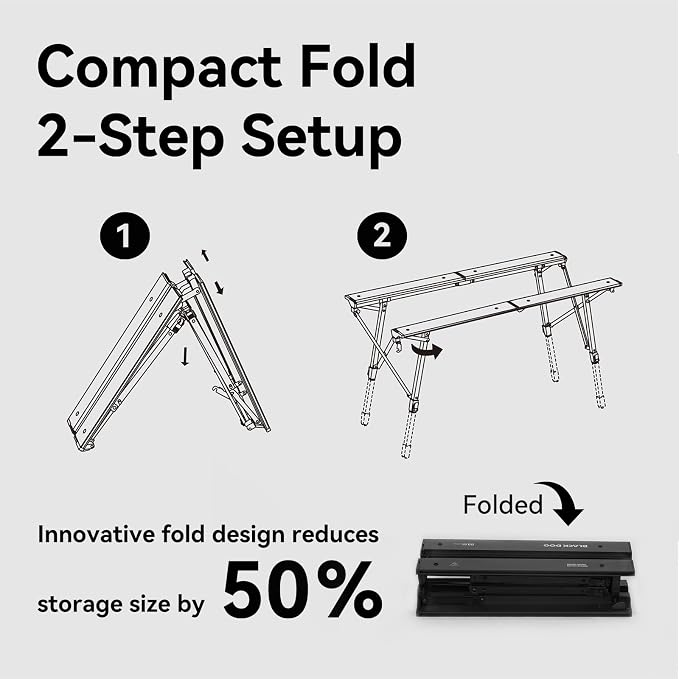 BLACKDOG Modular IGT Camping Table with Center-Folding Design, 4.5 Unit Aluminum Outdoor Kitchen Table, Adjustable Height 16"-24", Portable Folding Camp Table with Side Rails & 7 Expandable Plates