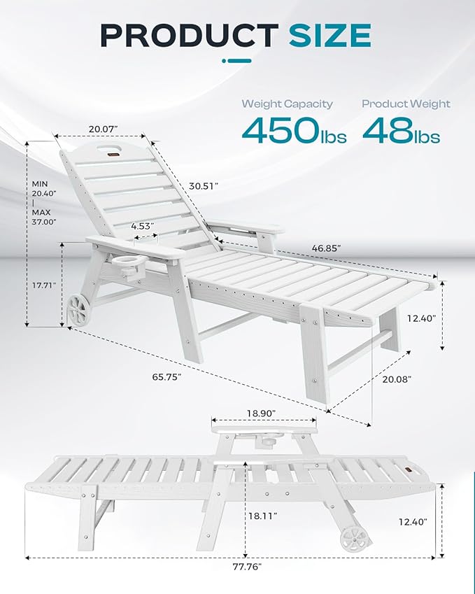 Ciokea Outdoor Chaise Lounge Chair Set of 2, Patio Lounge Chairs for Outside, HDPE Lounge Chairs with Wheels & Cup Holder, Poly Lounge Chair with 5 Position for Poolside, Deck, White