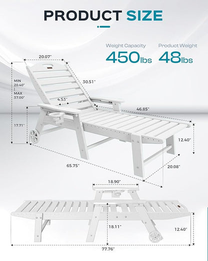 Ciokea Outdoor Chaise Lounge Chair Set of 2, Patio Lounge Chairs for Outside, HDPE Lounge Chairs with Wheels & Cup Holder, Poly Lounge Chair with 5 Position for Poolside, Deck, White
